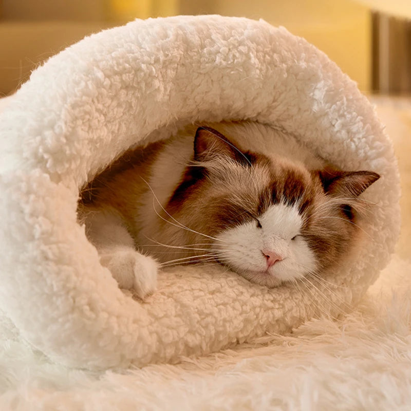 Heated kitten bed designed for winter warmth, made of plush material.